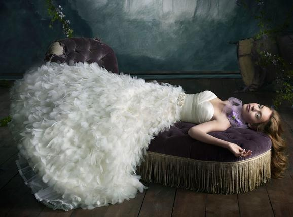 wedding dress, lazaro and feather