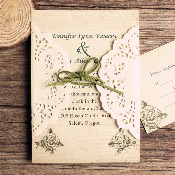pocket wedding invite, lace, spring and tree