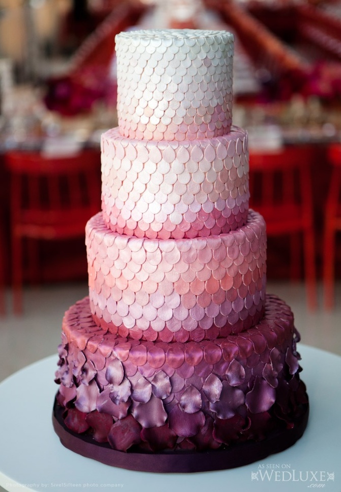 wedding cake, ombre, petals and food