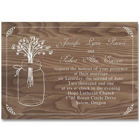 rustic wedding invitation, cardstock, mason jars and rustic