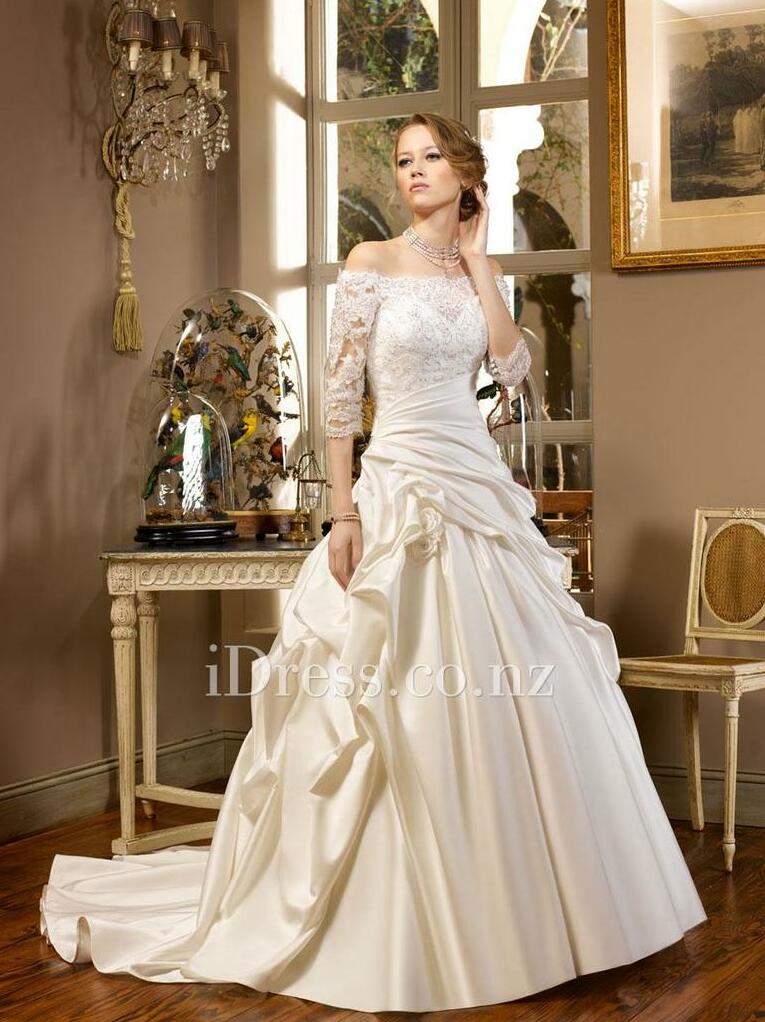 half sleeves, a-line, wedding dresses nz and the shoulder
