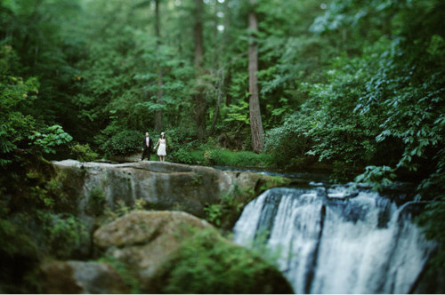 couple, waterfall and forest