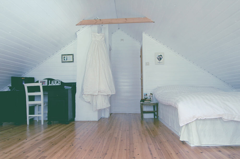 attic, interior, wedding dress and room