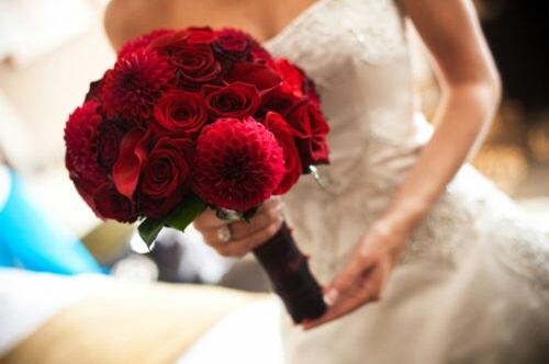 roses, wedding dress and bouquet
