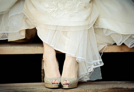 wedding dress and jimmy choo shoes