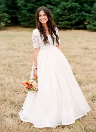 white, grecian wedding dress and field