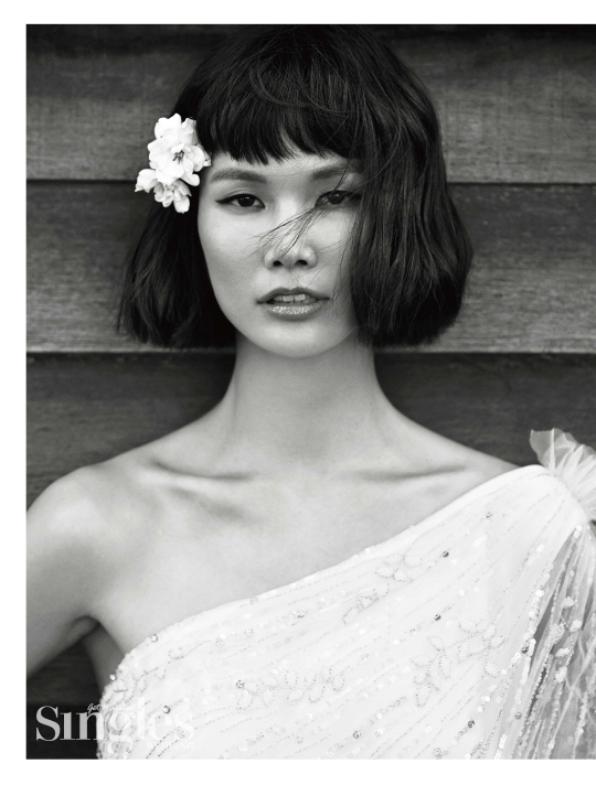 wedding dress, song kyung ah, flower and short hair