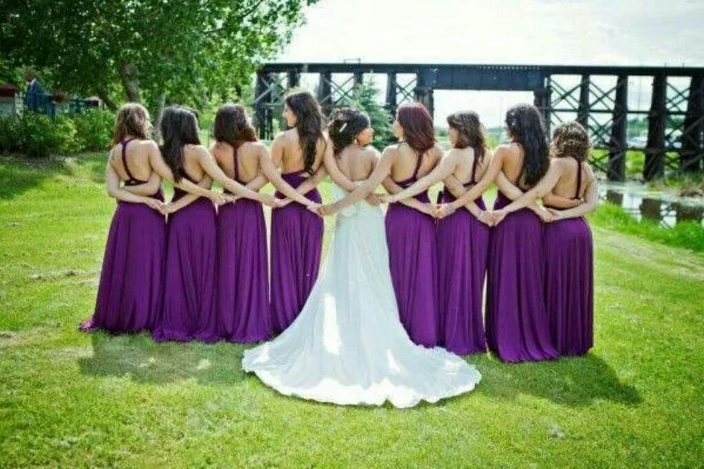 friendship, purple, white dress and bridesmaids