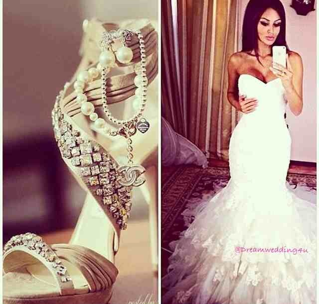 wedding shoes, wedding dress, fish tail and channel