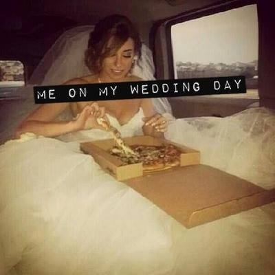 bride, eating and pizza