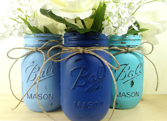painted mason jars, blues and home decor