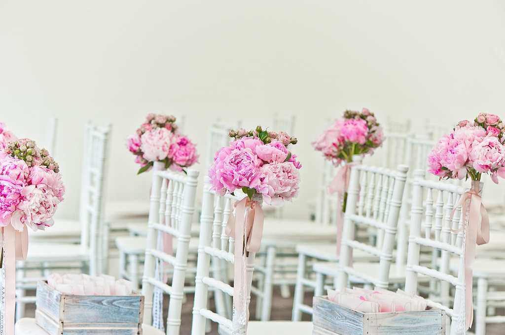 white chair, wedding decor, flower power and pink