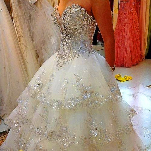 ball gown, lace, crystals and floor length