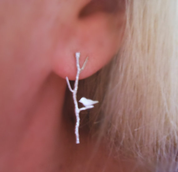 twig, bird, silver and earrings