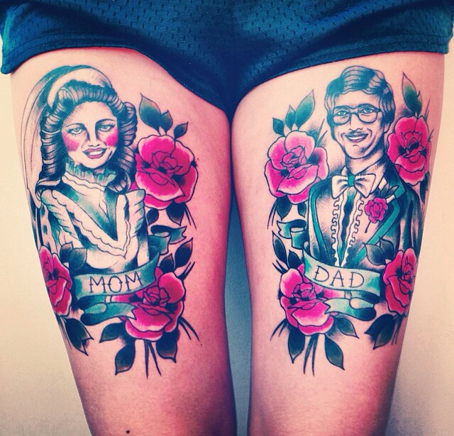 portrait tattoos, color tattoo, thigh tattoo and mom and dad tattoo