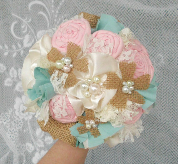 country, fabric flower bouquet, rustic and shabby chic