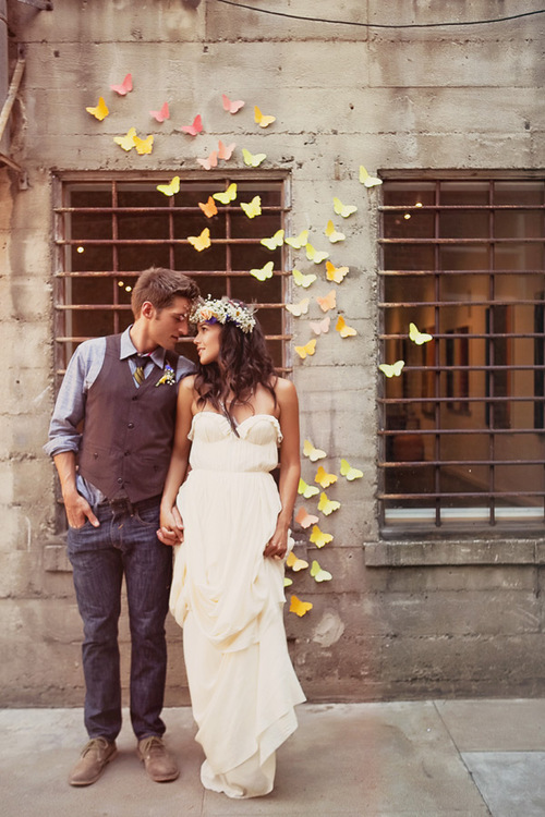 bride, dress, butterflies and hipster