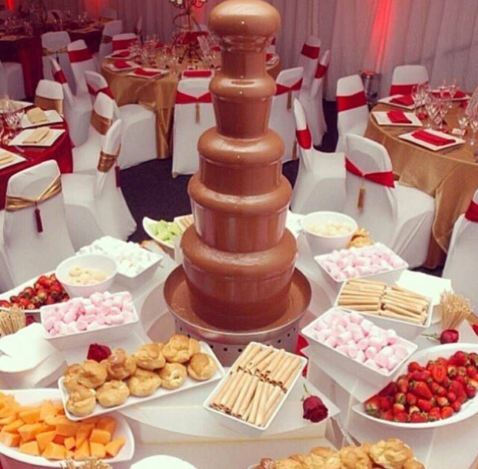 chocolata fountain, cakes, food and yummy