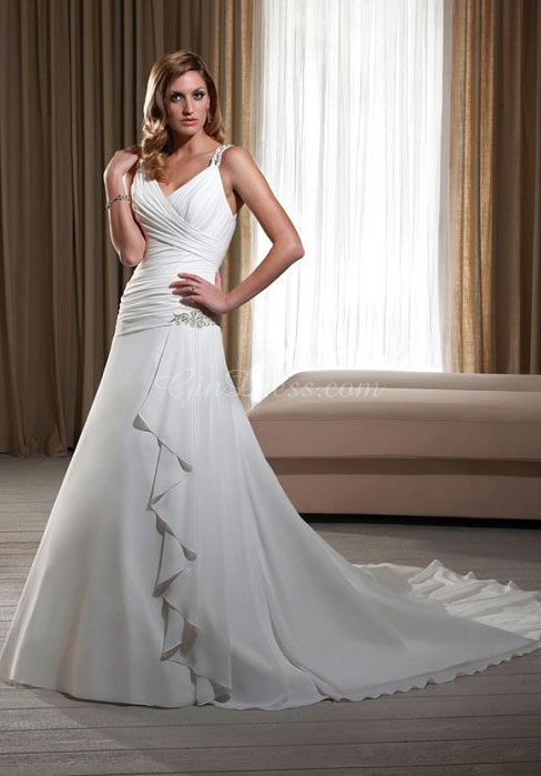 v-neck, pleats, applique and beading wedding dress