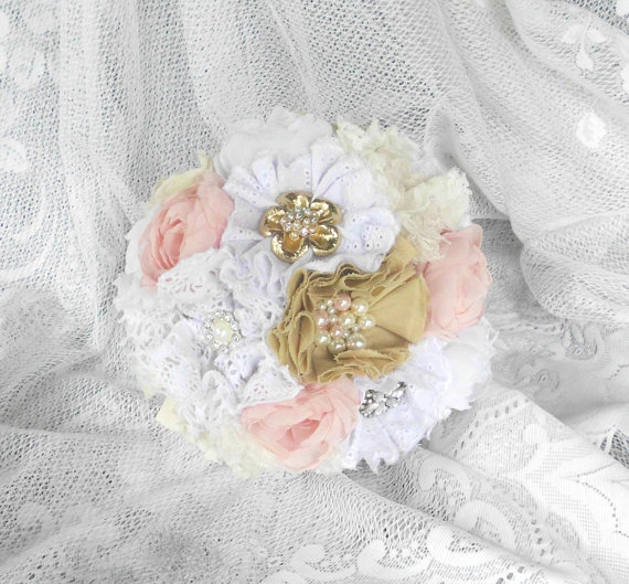 shabby chic, fabric flower bouquet, bridal and pearl