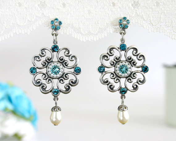 bridesmaid jewelry, something blue, bridal lace earrings and party jewelry