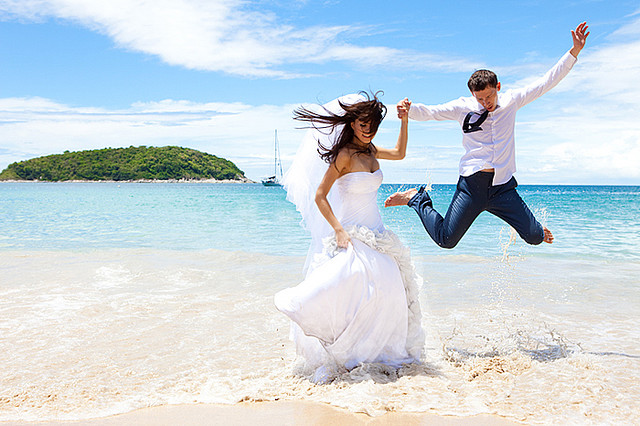 couple, jump and wedding day