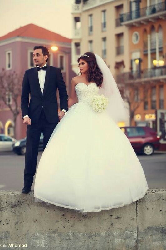 couple, married, wedding dress and tuxedo