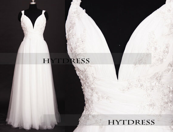 vneck dress, ivory wedding dress and long wedding dress