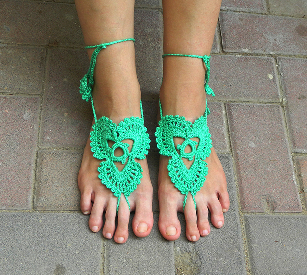 crochet sandals, barefoot sandals, green sandals and summer wedding