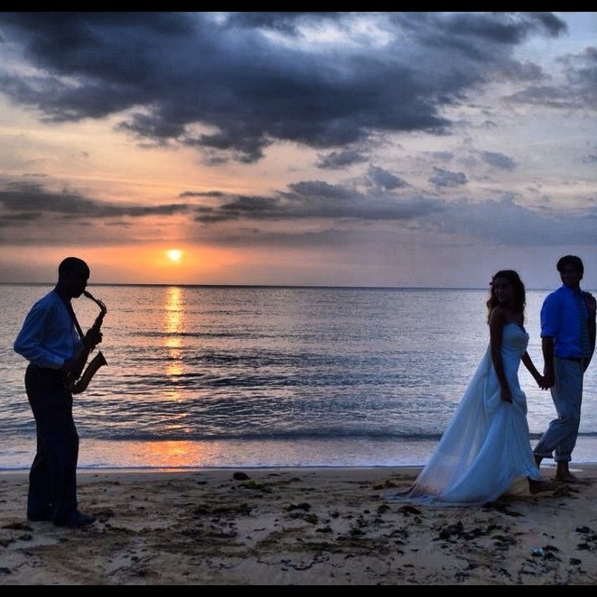 beach, couple and saxophone