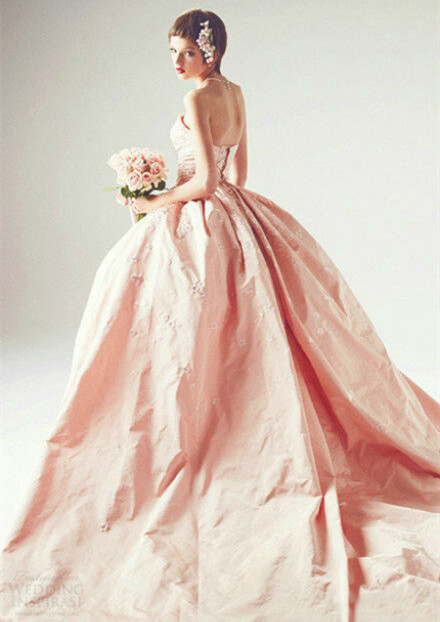 long wedding dresses, pink wedding and short hair bride