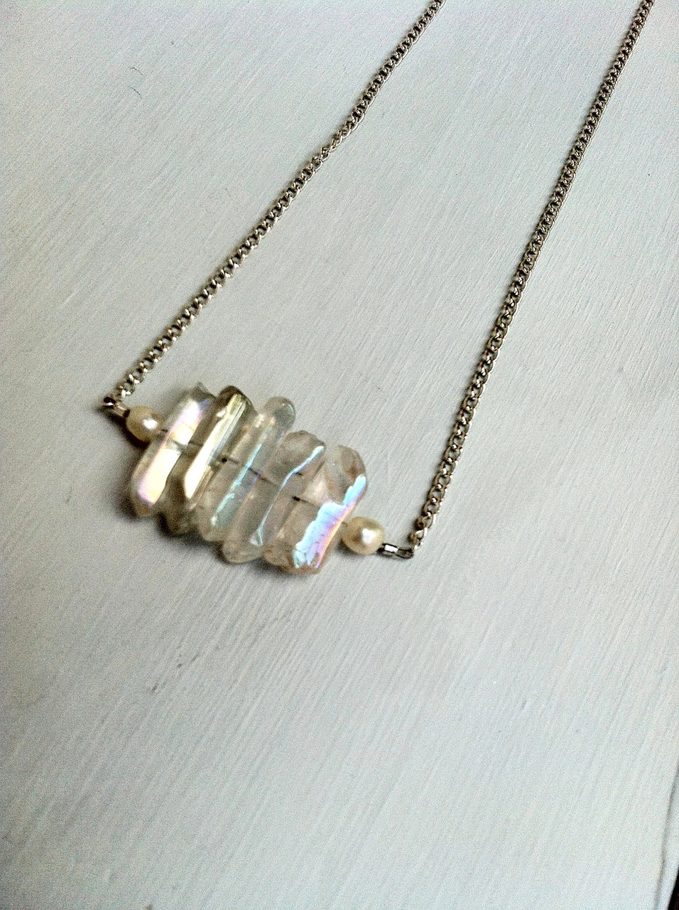 spike necklace, clear crystal quartz, crystal point necklace and fringe