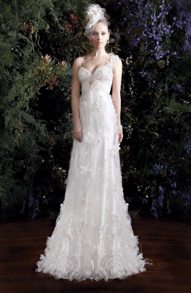 wedding dress, feathers, sweetheart neckline and galia lahav