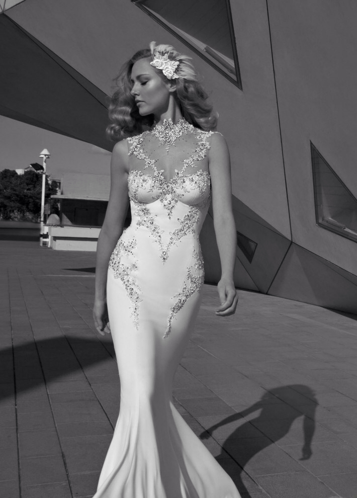 sheer top, model, galia lahav and sweetheart neckline