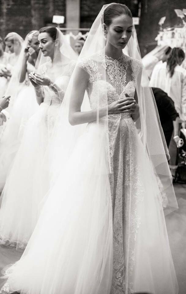 wedding dress, lace, bride and Monique Lhuillier
