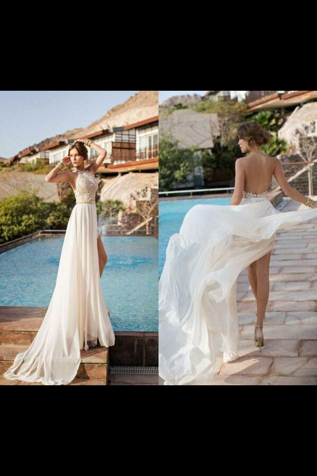 white dress, heels, mansion and pool