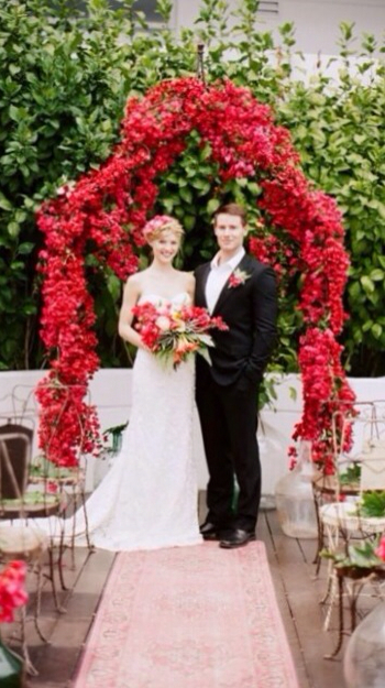 groom, bougainville and flowers