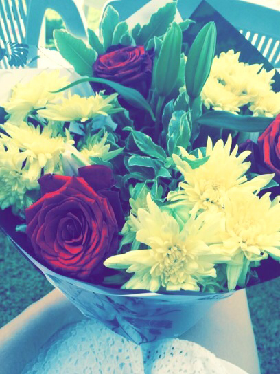 red, bouquet and celebrating