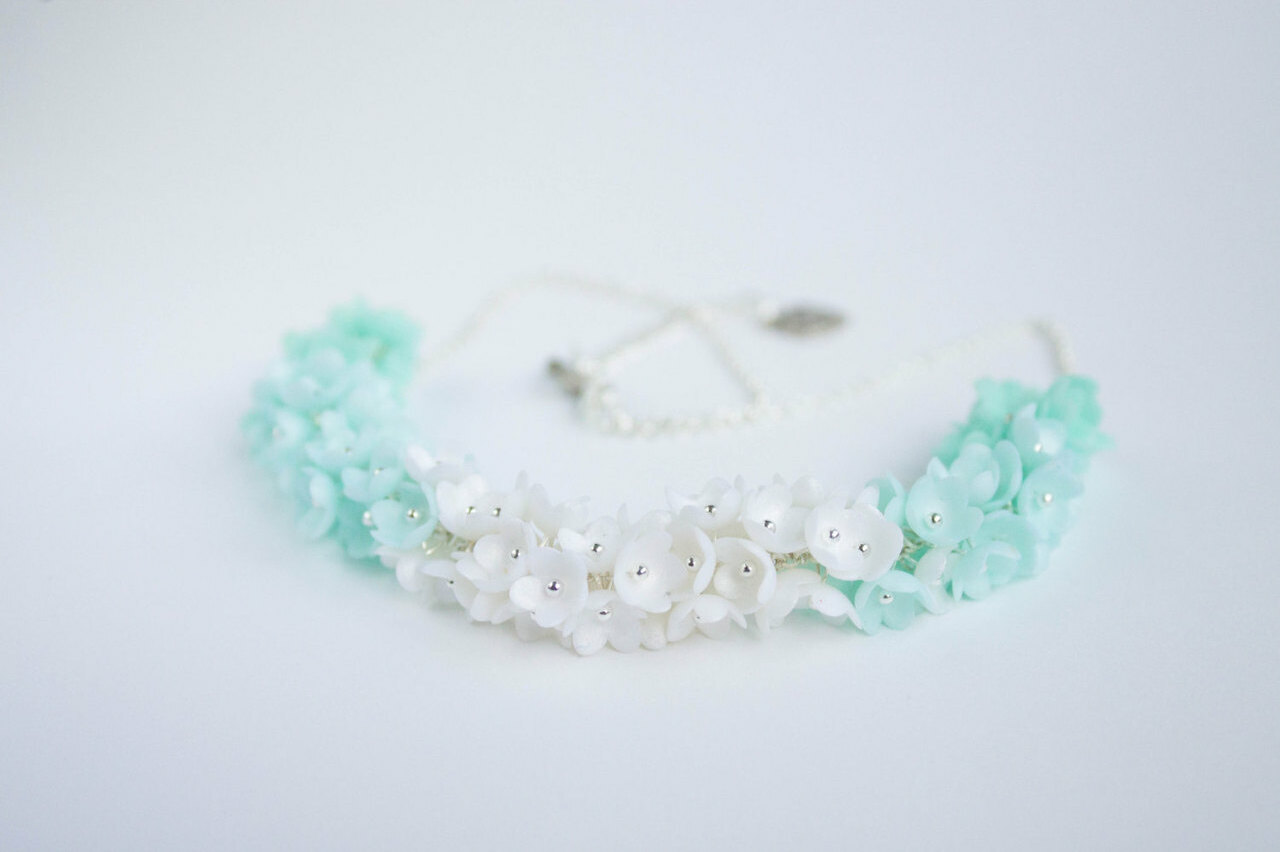 weddings, pastel bead necklace, flower charm and floral necklace
