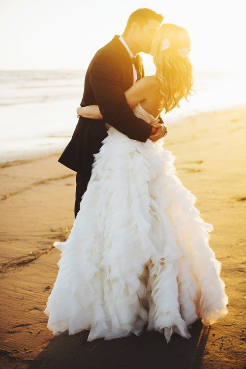 beach, just married, sea and wedding gown