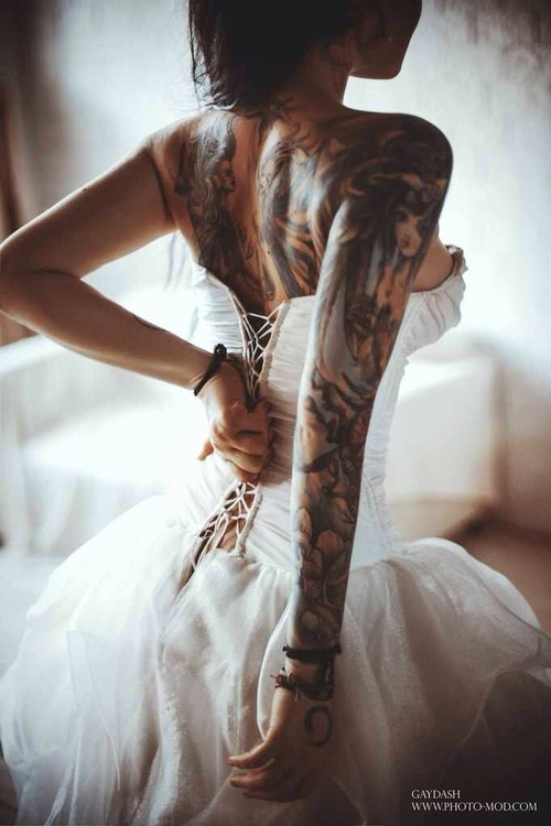 wedding dress, amazing, woman and tattos