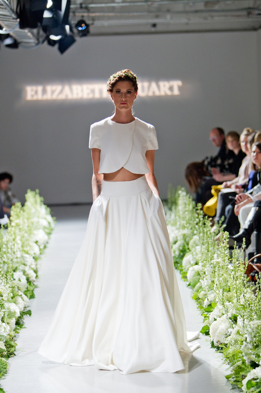 wedding dress, dress, two pieces and white