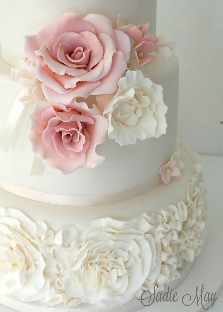 wedding cake, sadie may cakes, rose wedding cake and pink ruffles wedding cake