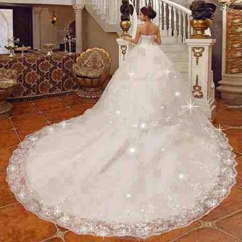 sparkly, dress, long train and white