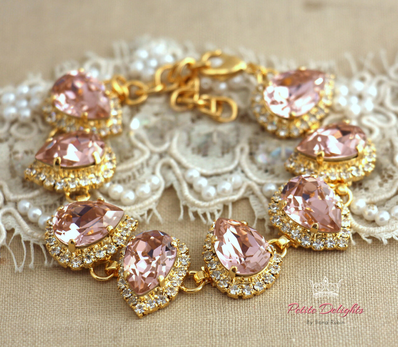 blush pink, shabby chic, diamonds and wedding bracelet