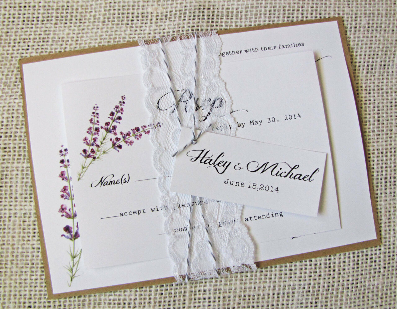 rustic wedding invitation, lace wedding invitation, wedding invitation and lilac wedding