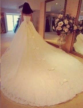 wedding gown, bow and bride
