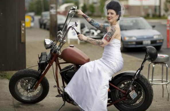 retro, motorbike and bride