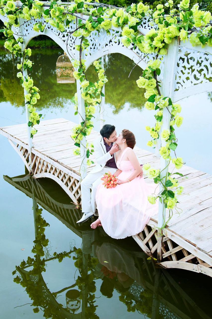 flowers, dress, pond and gown