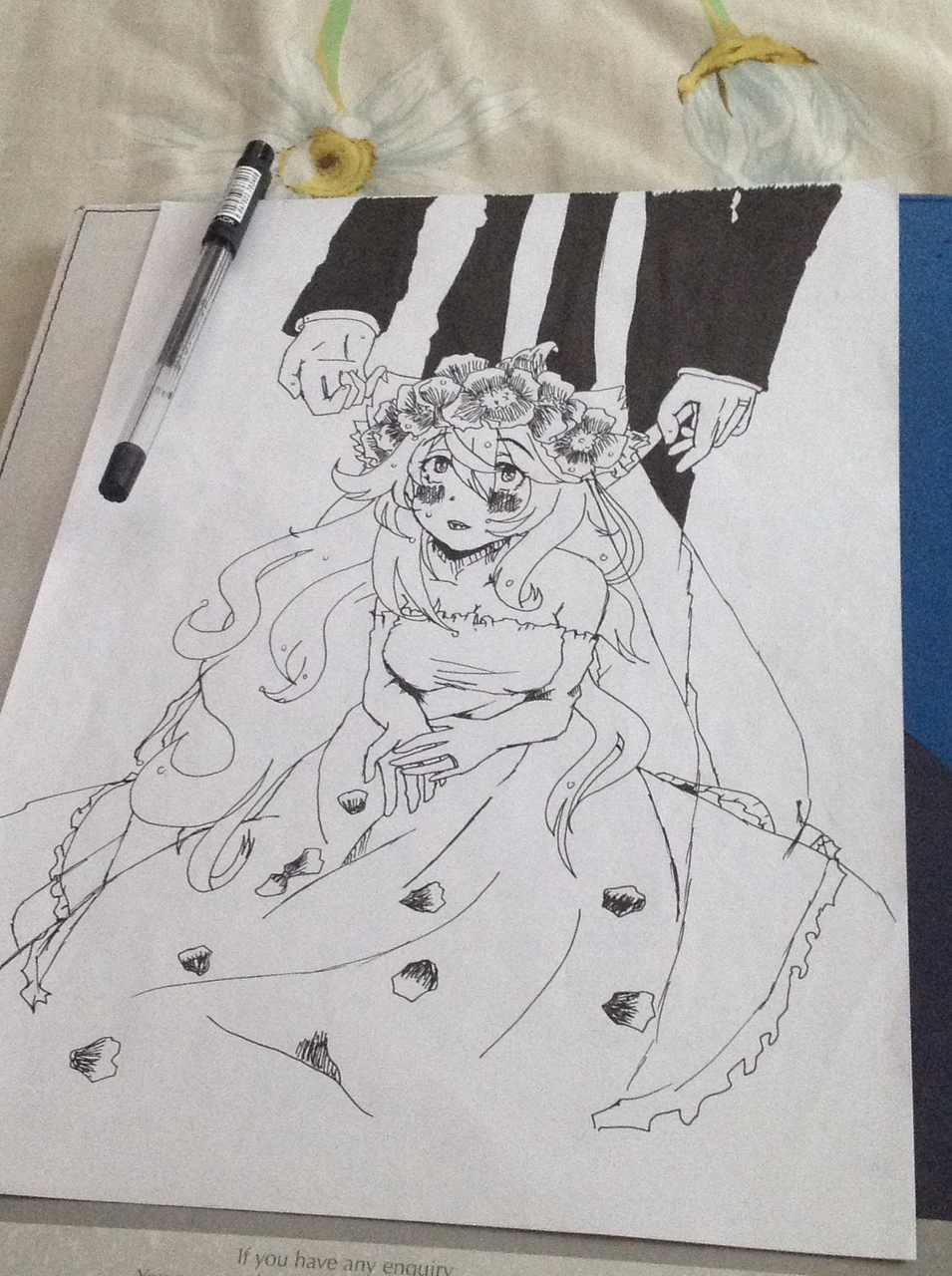 wedding dress, black and white, wedding rings and drawing